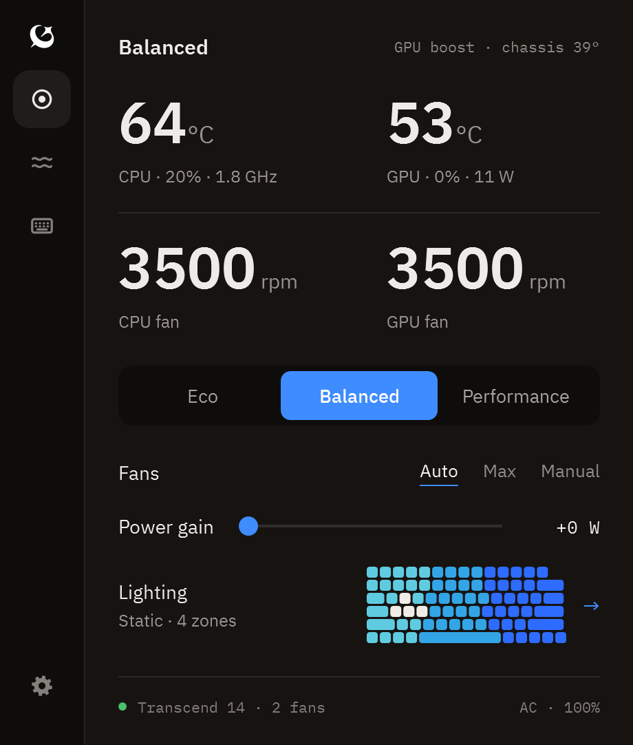 Home page with modes, live temps, watts and fan rpm.