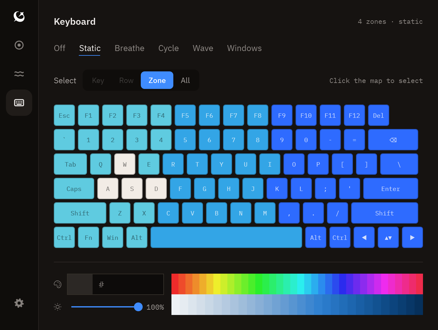 Keyboard lighting studio with per-zone RGB control.