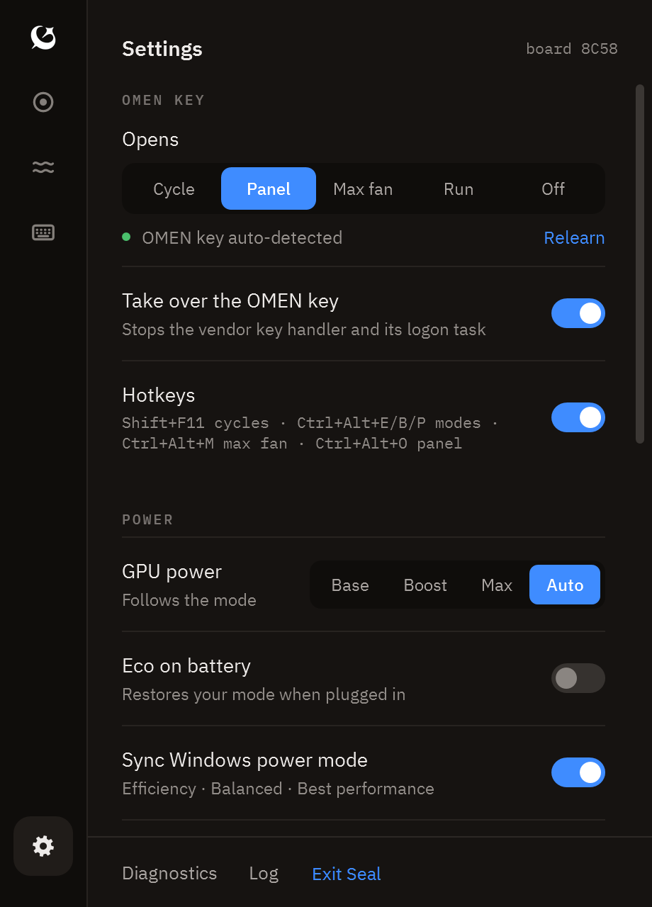 Settings page with MUX switch, hotkeys and hardware sensors.